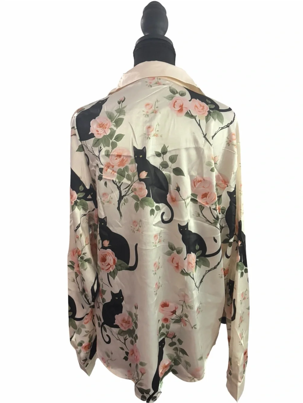 Black Cat & Floral Satin Button-Up Blouse Women's XL